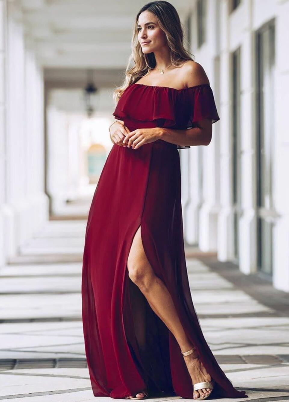 Ever Pretty Red Ruffled Off-Shoulder Gown for Weddings | 3XL